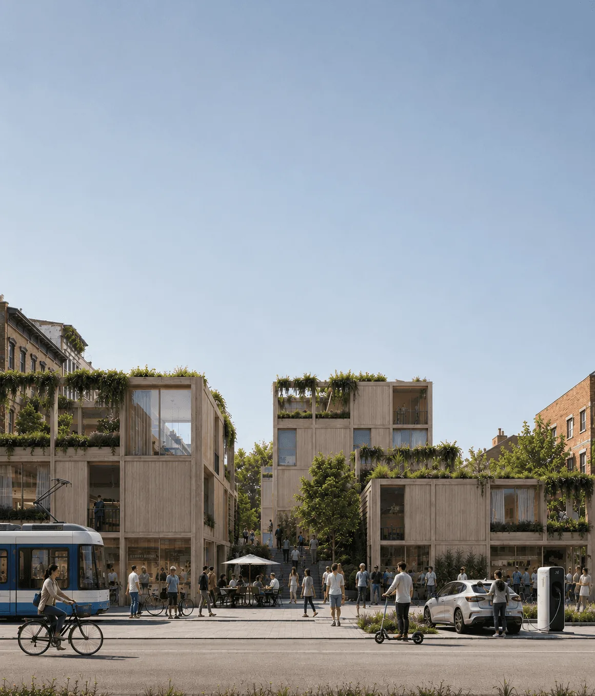Visualisierung eines autoarmen Quartiers mit Tram, Radverkehr und begrünten Gebäuden